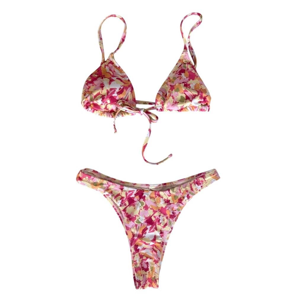 Y2K Floral Micro Bikini Set Pink Orange Triangle Top High Cut Bottoms Sz Small